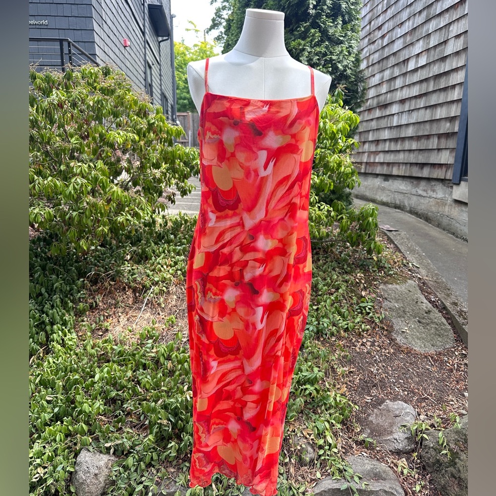 Mesh lined tropical warm toned midi dress